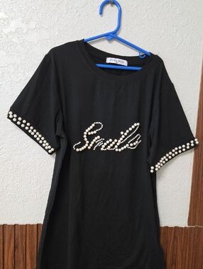 SHEIN Black Pearl-Embellished 'Smile' Jersey Top
